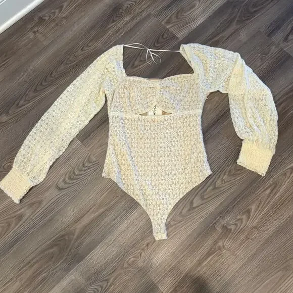 b.original Lace Bodysuit Medium Ivory Sweetheart Neck Boho Cottagecore Top - Picture 5 of 7